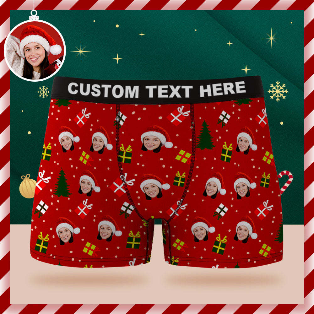 Custom Face Boxer Briefs Personalized Green Underwear Christmas Tree and Gifts Merry Christmas for Him - MyFaceBoxer