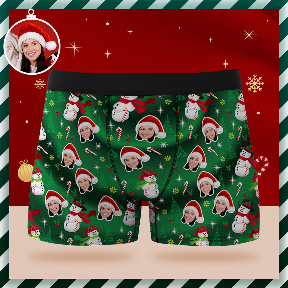 Custom Face Boxer Briefs Personalized Green Underwear Snowman Christmas Gifts for Him - MyFaceBoxer