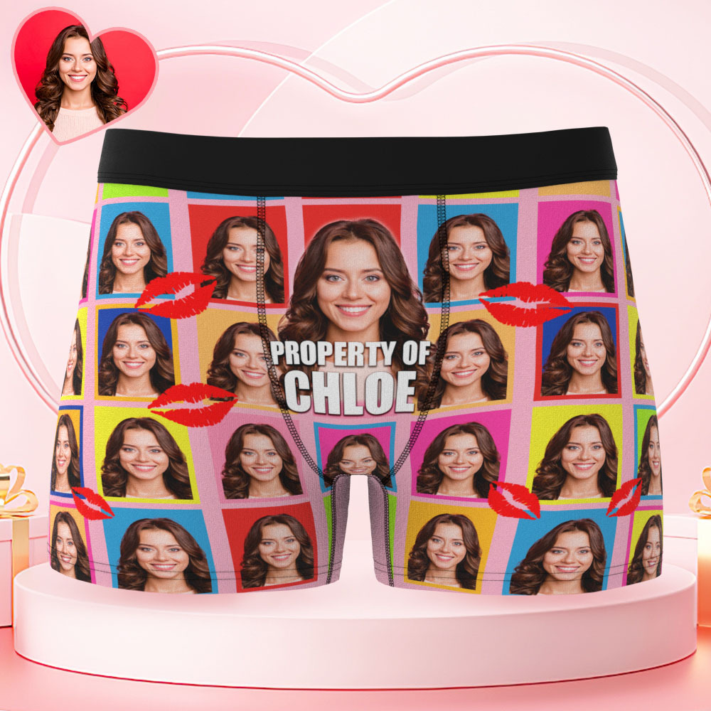 Valentine's Day Gifts Custom Face Men's Underwear Property of Her Boxer Briefs Gifts for Husband Waistband Text Boxers