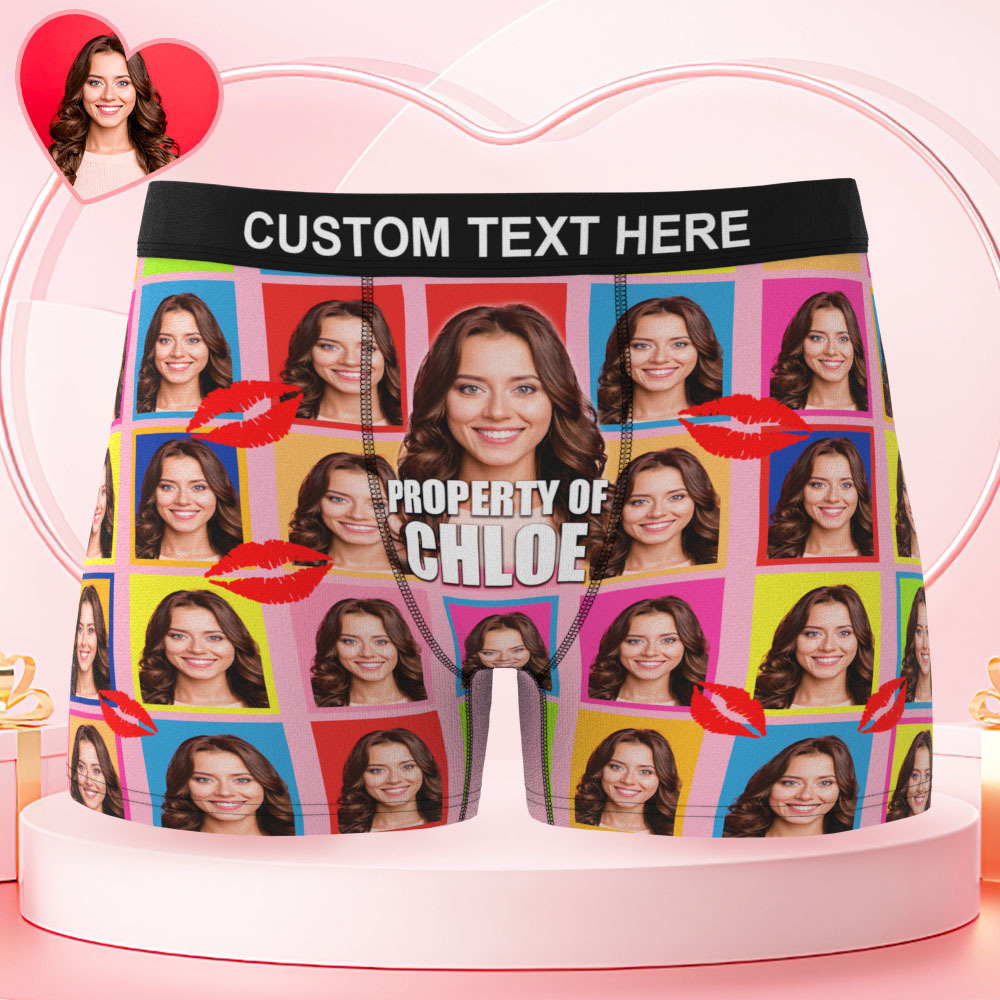 Valentine's Day Gifts Custom Face Men's Underwear Property of Her Boxer Briefs Gifts for Husband Waistband Text Boxers