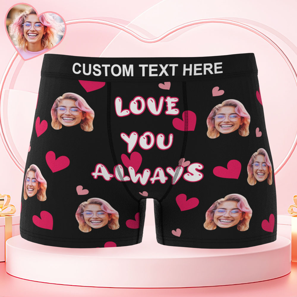 Valentine's Day Gifts Custom Face Men's Underwear Love You Always Personalized Boxer Briefs Gifts for Him Waistband Text Boxers