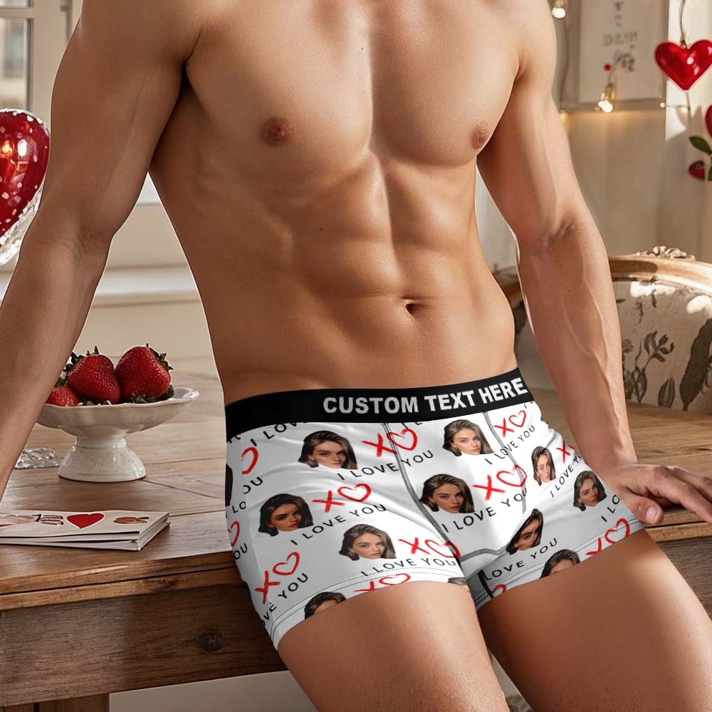 Valentine's Day Gifts Custom Face Men's Underwear I Love You XOXO Personalized Boxer Briefs Gifts for Him Waistband Text Boxers