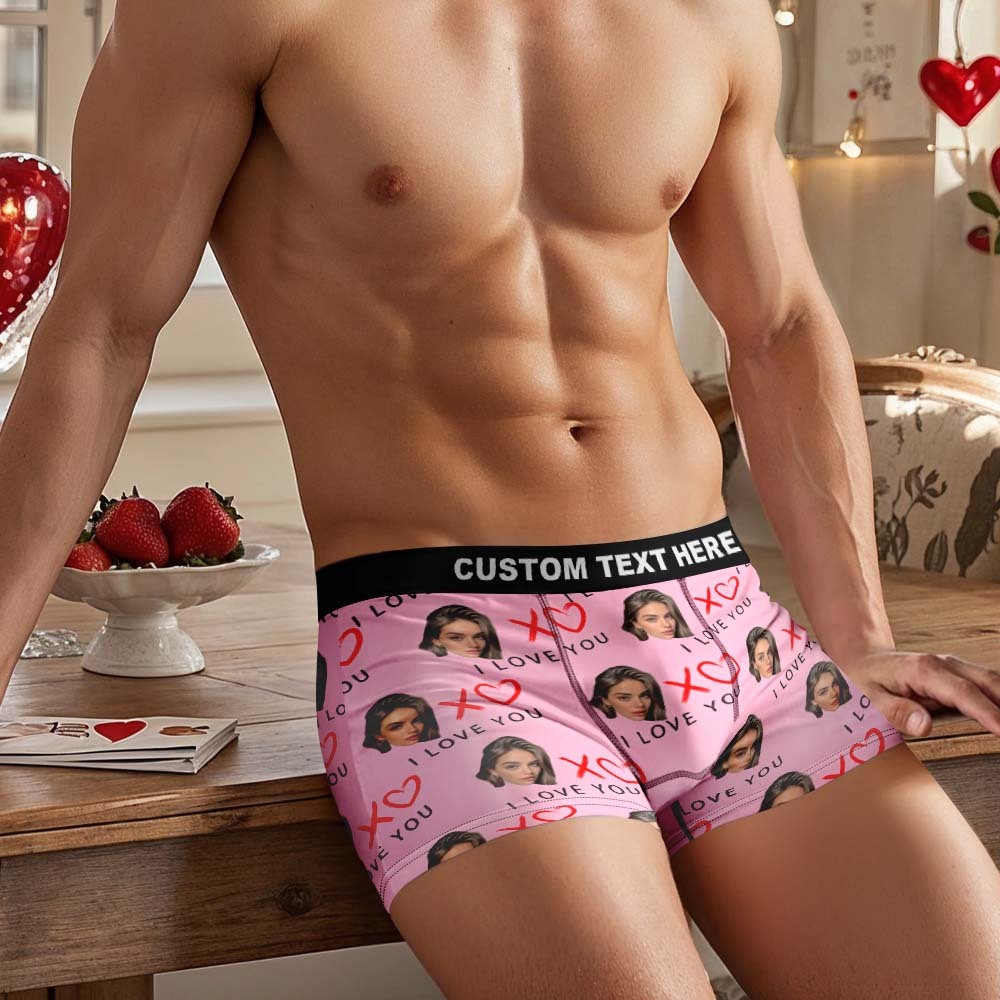 Valentine's Day Gifts Custom Face Men's Underwear I Love You XOXO Personalized Boxer Briefs Gifts for Him Waistband Text Boxers