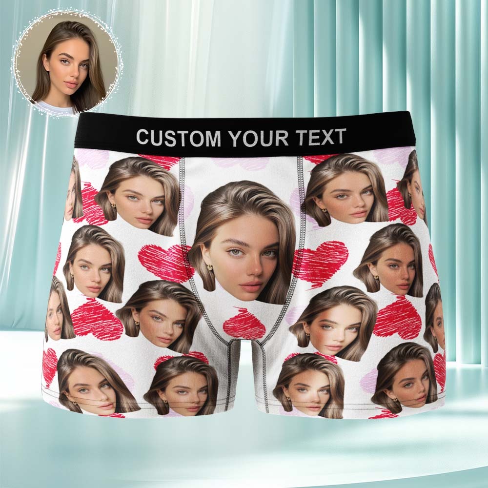 Custom Face Underwear Men's Boxer Briefs Personalized Photo Boxers Breathable Ice Silk Red and Pink Heart