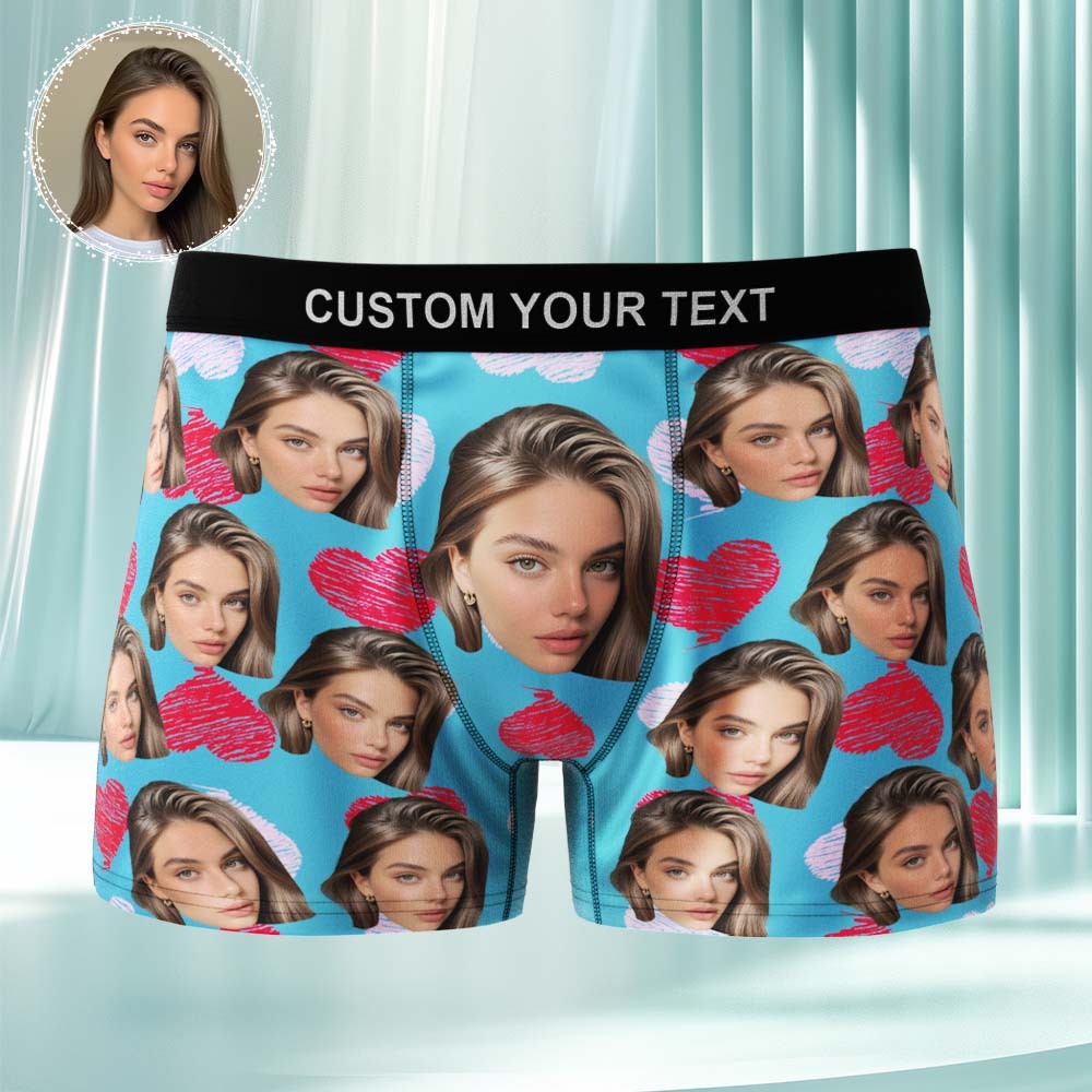 Custom Face Underwear Men's Boxer Briefs Personalized Photo Boxers Breathable Ice Silk Red and Pink Heart