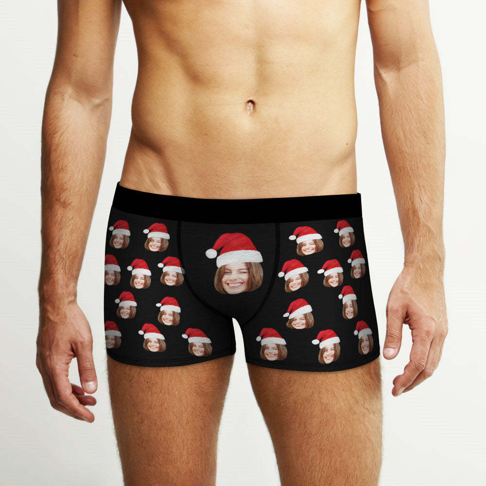 Custom Face Boxers Shorts With Christmas hat Personalized Photo Underwear Christmas Gift For Men AR View Gift - MyFaceBoxer