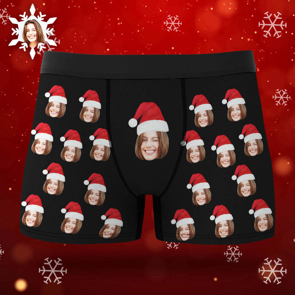Custom Face Boxers Shorts With Christmas hat Personalized Photo Underwear Christmas Gift For Men AR View Gift - MyFaceBoxer