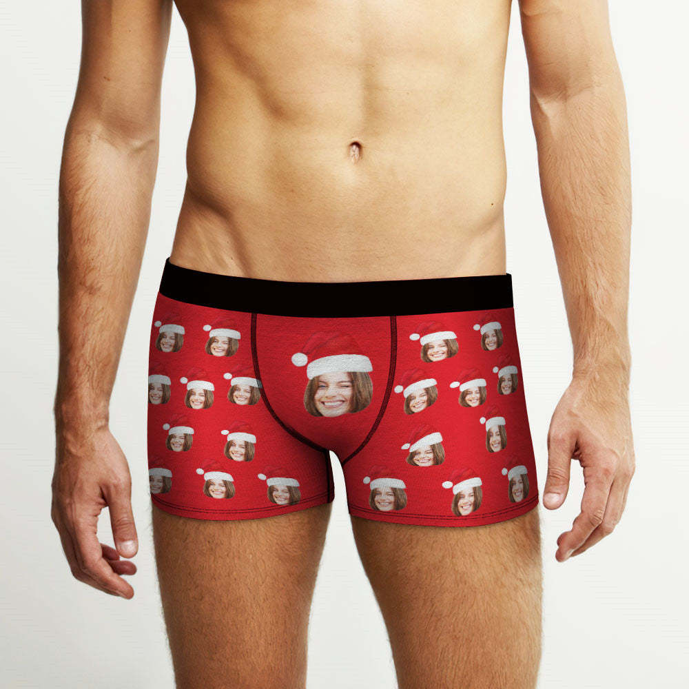 Custom Face Boxers Shorts With Christmas hat Personalized Photo Underwear Christmas Gift For Men AR View Gift - MyFaceBoxer