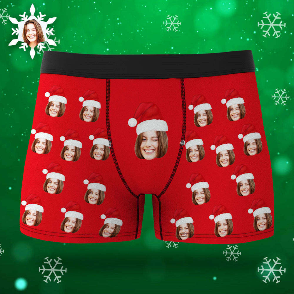 Custom Face Boxers Shorts With Christmas hat Personalized Photo Underwear Christmas Gift For Men AR View Gift - MyFaceBoxer