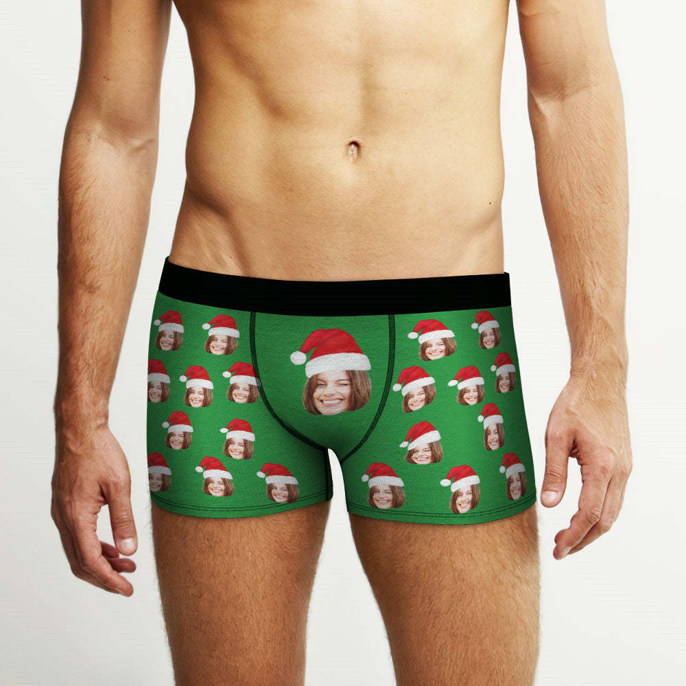 Custom Face Boxers Shorts With Christmas hat Personalized Photo Underwear Christmas Gift For Men AR View Gift - MyFaceBoxer
