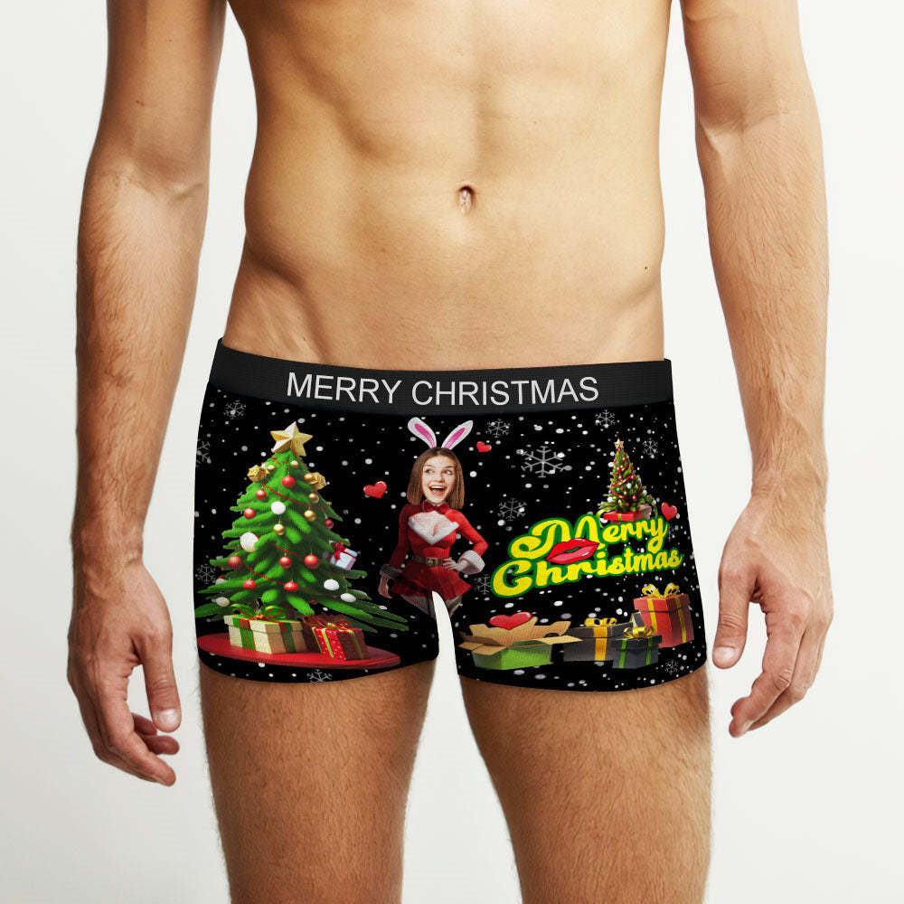 Custom Photo Boxer Santa Bunny Girl Face Underwear Couple Gifts Christmas Gift AR View - MyFaceBoxer