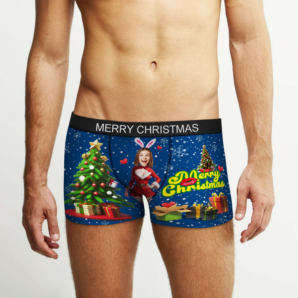 Custom Photo Boxer Santa Bunny Girl Face Underwear Couple Gifts Christmas Gift AR View - MyFaceBoxer