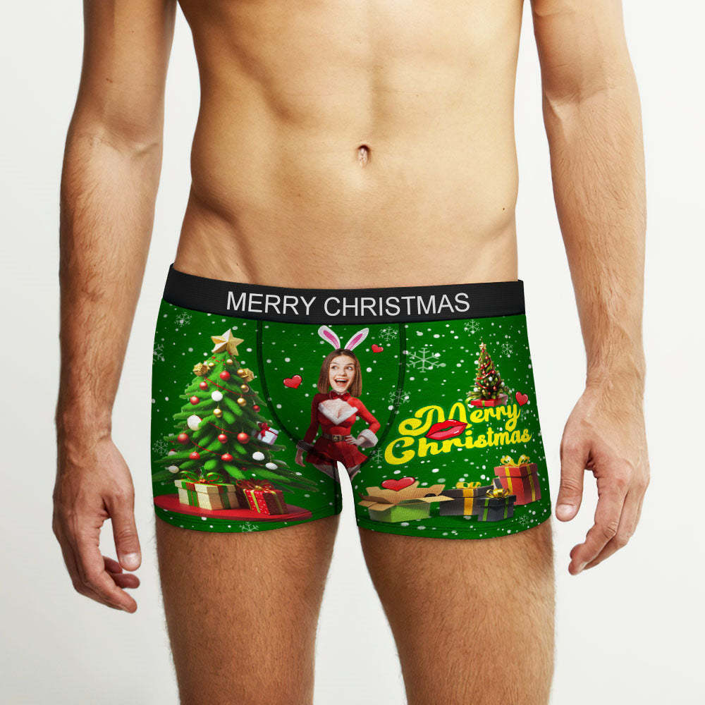 Custom Photo Boxer Santa Bunny Girl Face Underwear Couple Gifts Christmas Gift AR View - MyFaceBoxer