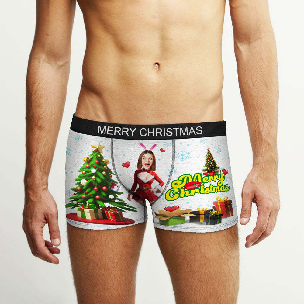 Custom Photo Boxer Santa Bunny Girl Face Underwear Couple Gifts Christmas Gift AR View - MyFaceBoxer