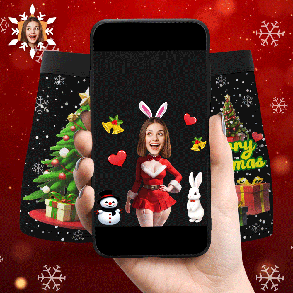 Custom Photo Boxer Santa Bunny Girl Face Underwear Couple Gifts Christmas Gift AR View - MyFaceBoxer