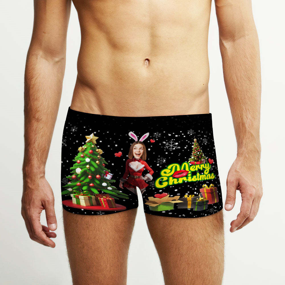 Custom Photo Boxer Santa Bunny Girl Face Underwear Couple Gifts Christmas Gift AR View - MyFaceBoxer