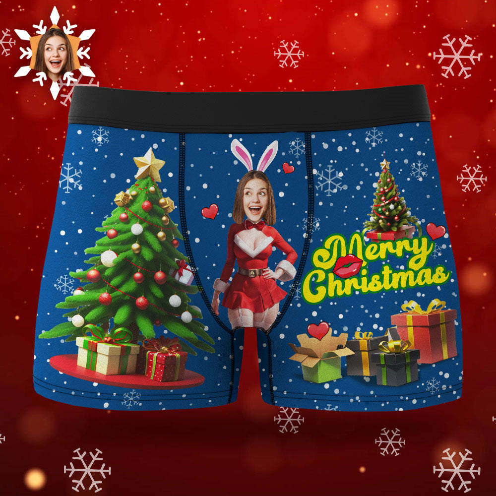 Custom Photo Boxer Santa Bunny Girl Face Underwear Couple Gifts Christmas Gift AR View - MyFaceBoxer