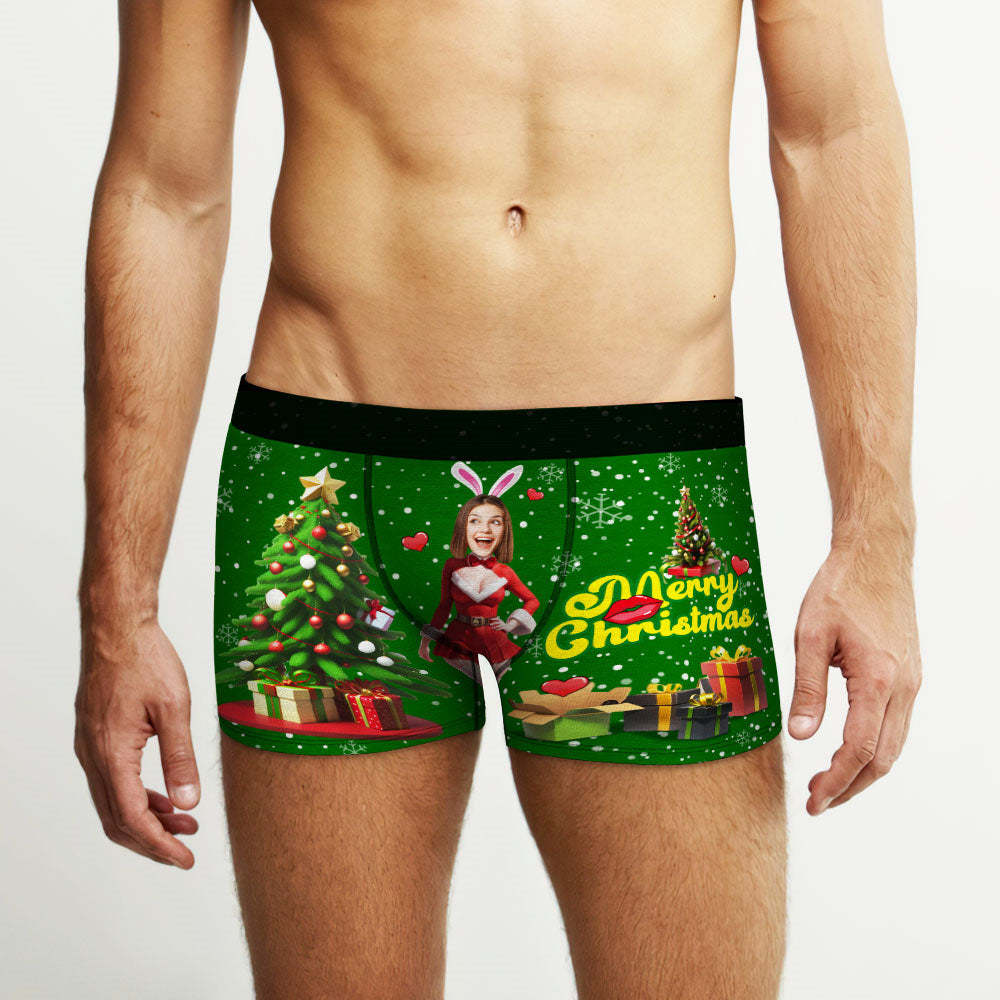 Custom Photo Boxer Santa Bunny Girl Face Underwear Couple Gifts Christmas Gift AR View - MyFaceBoxer