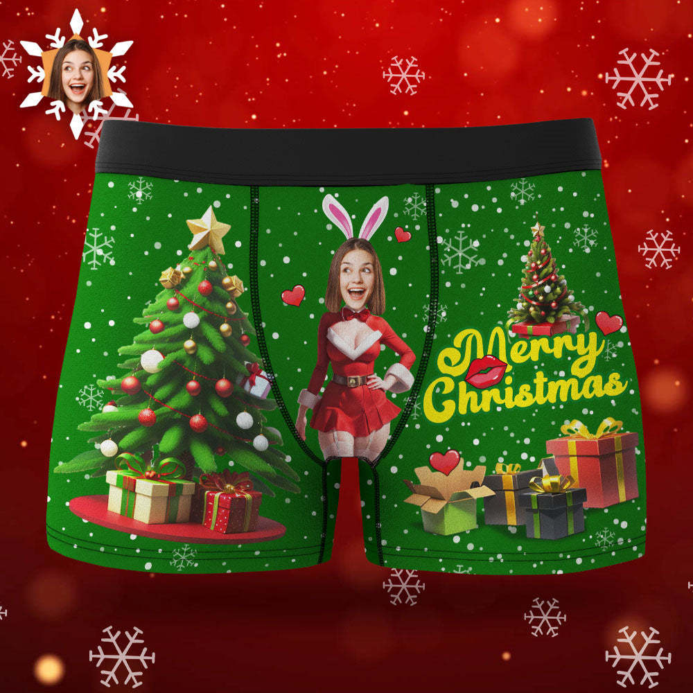 Custom Photo Boxer Santa Bunny Girl Face Underwear Couple Gifts Christmas Gift AR View - MyFaceBoxer