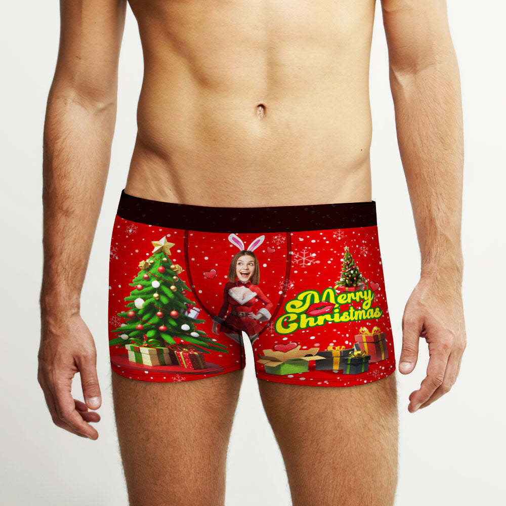 Custom Photo Boxer Santa Bunny Girl Face Underwear Couple Gifts Christmas Gift AR View - MyFaceBoxer