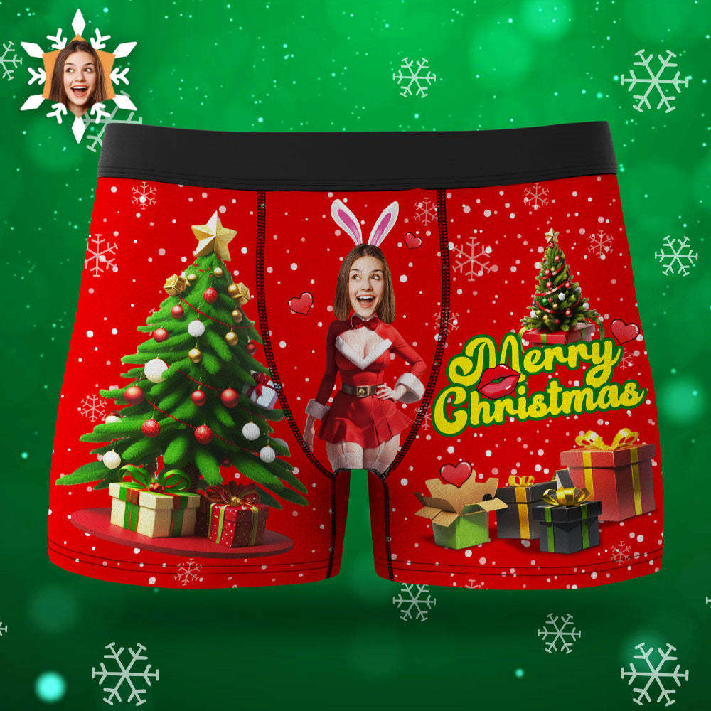 Custom Photo Boxer Santa Bunny Girl Face Underwear Couple Gifts Christmas Gift AR View - MyFaceBoxer