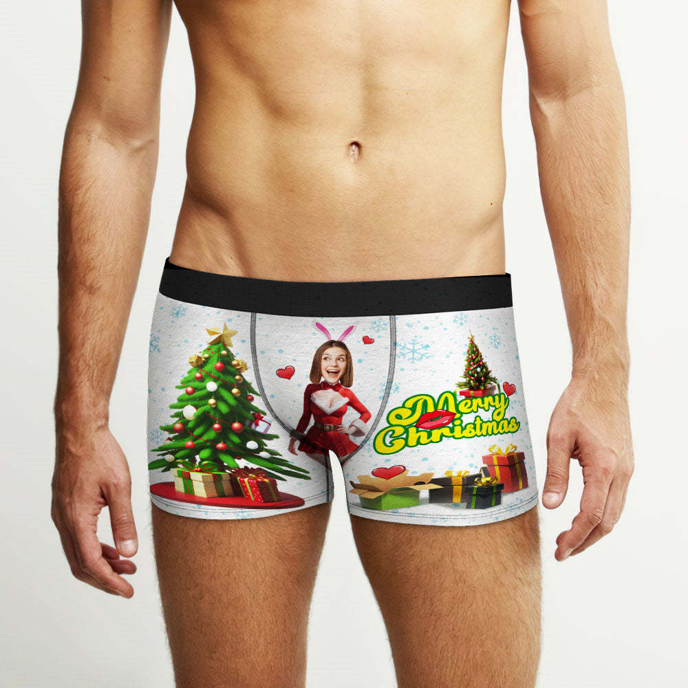 Custom Photo Boxer Santa Bunny Girl Face Underwear Couple Gifts Christmas Gift AR View - MyFaceBoxer