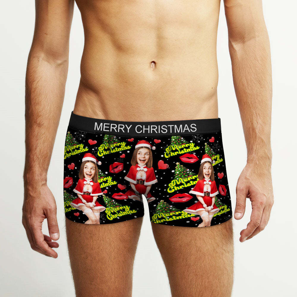 Custom Photo Boxer Santa Woman Face Underwear Couple Gifts Christmas Gift AR View - MyFaceBoxer