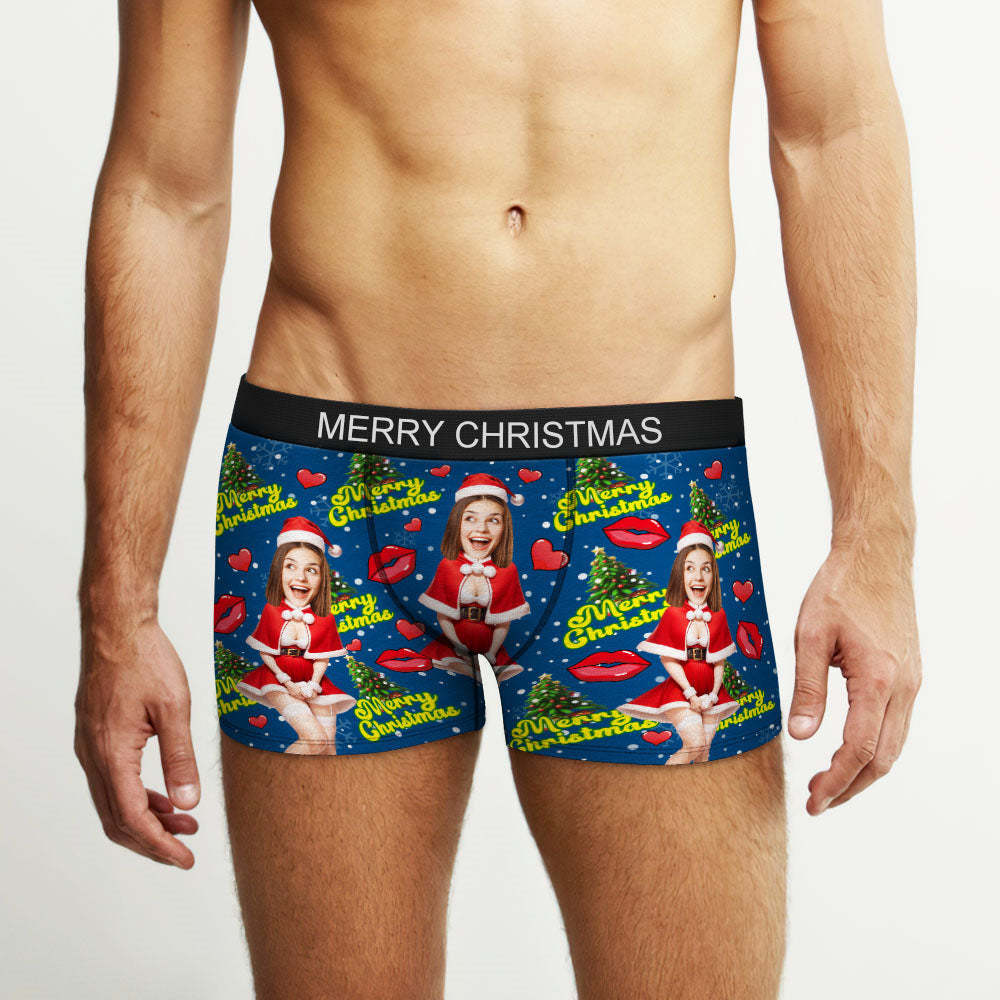 Custom Photo Boxer Santa Woman Face Underwear Couple Gifts Christmas Gift AR View - MyFaceBoxer