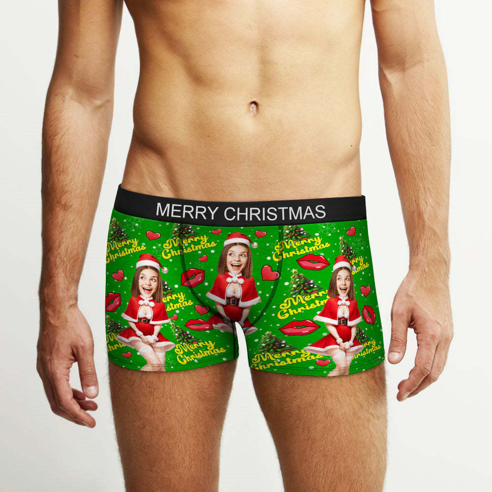 Custom Photo Boxer Santa Woman Face Underwear Couple Gifts Christmas Gift AR View - MyFaceBoxer
