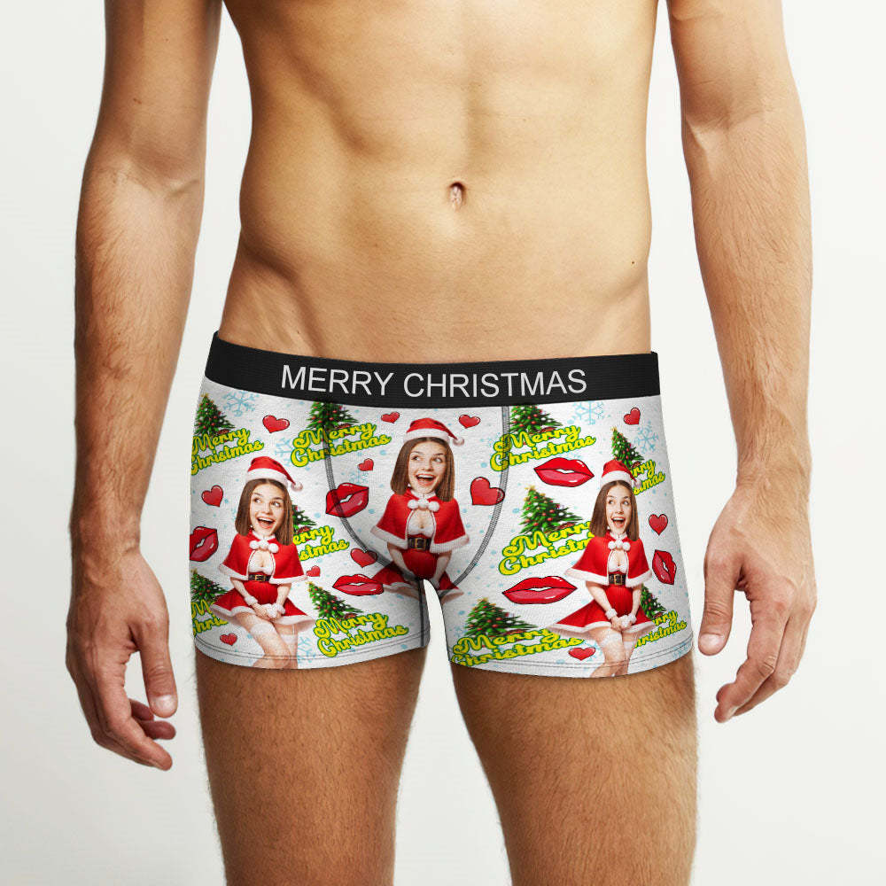 Custom Photo Boxer Santa Woman Face Underwear Couple Gifts Christmas Gift AR View - MyFaceBoxer