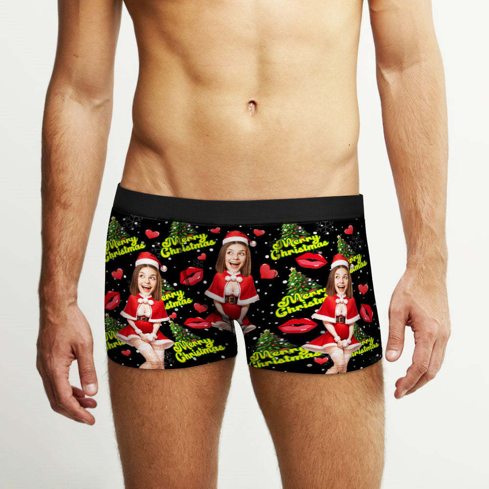 Custom Photo Boxer Santa Woman Face Underwear Couple Gifts Christmas Gift AR View - MyFaceBoxer