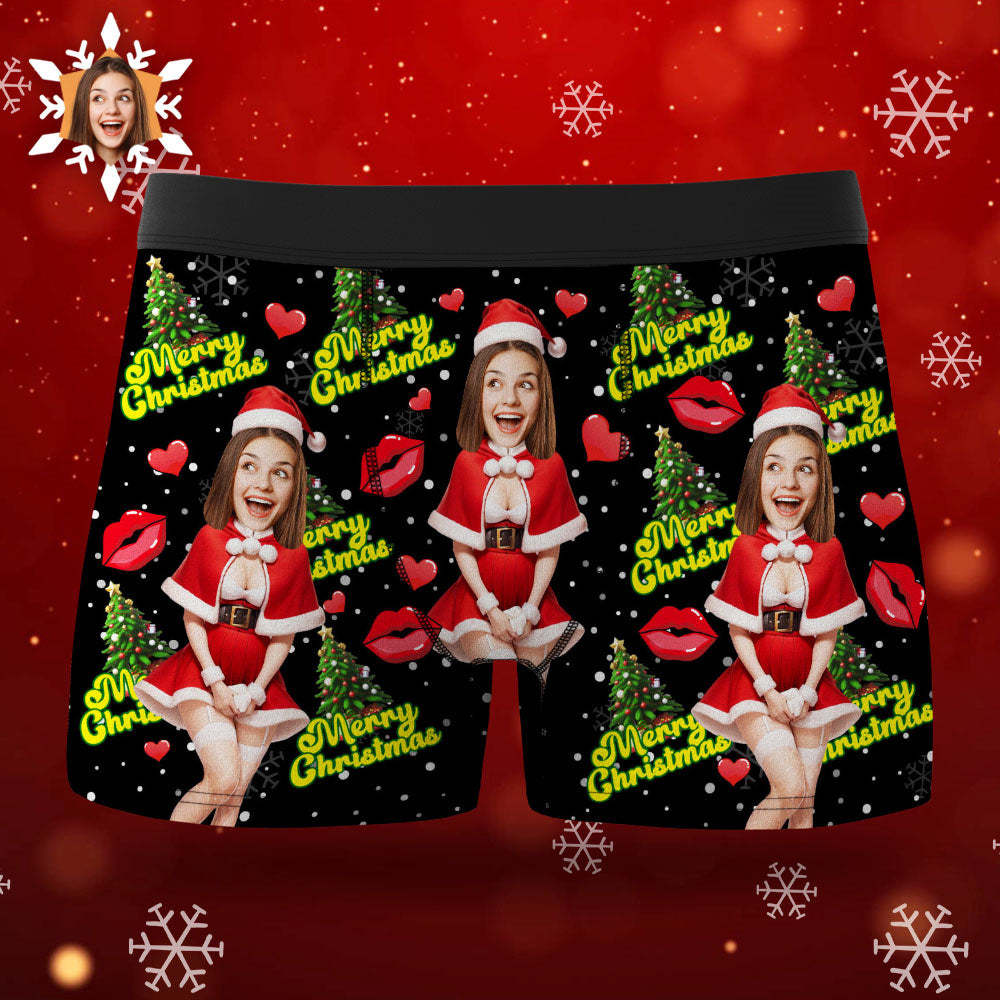 Custom Photo Boxer Santa Woman Face Underwear Couple Gifts Christmas Gift AR View - MyFaceBoxer
