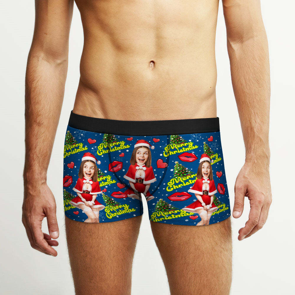 Custom Photo Boxer Santa Woman Face Underwear Couple Gifts Christmas Gift AR View - MyFaceBoxer