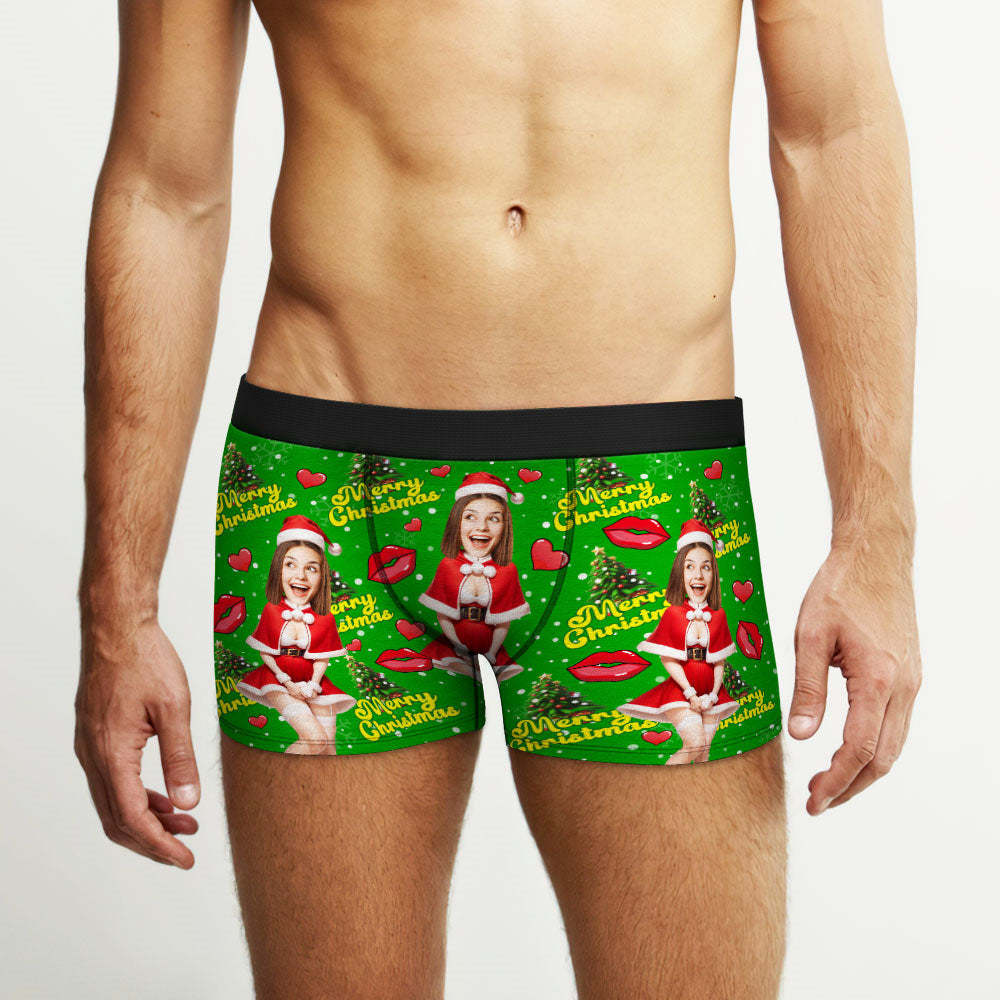 Custom Photo Boxer Santa Woman Face Underwear Couple Gifts Christmas Gift AR View - MyFaceBoxer