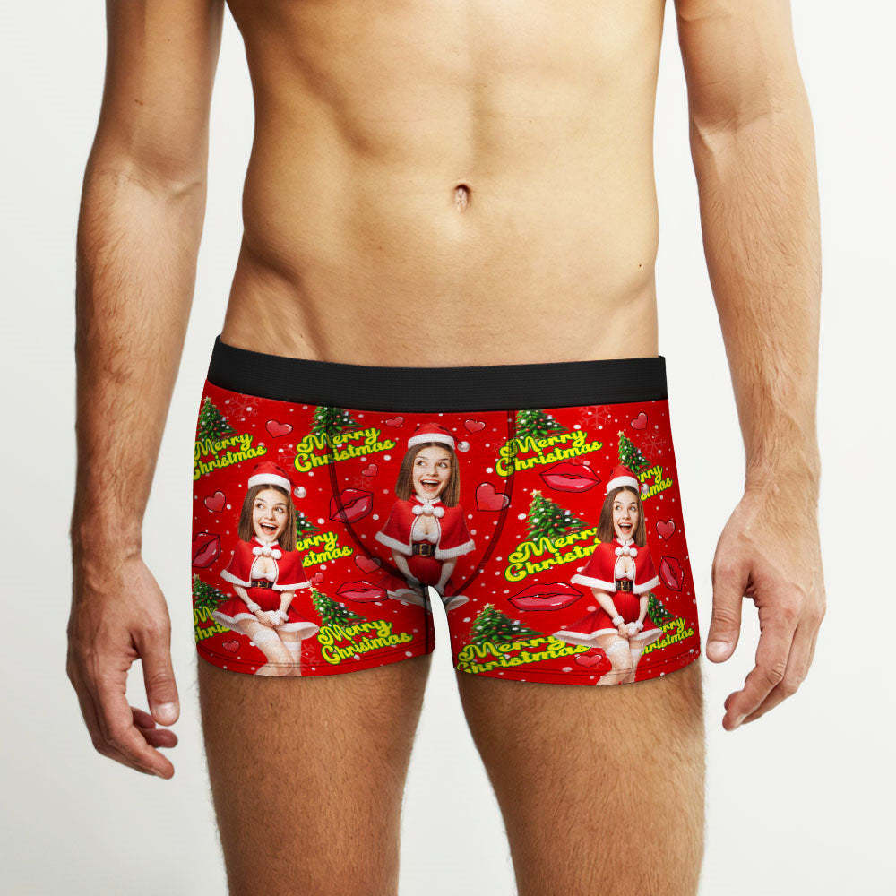 Custom Photo Boxer Santa Woman Face Underwear Couple Gifts Christmas Gift AR View - MyFaceBoxer