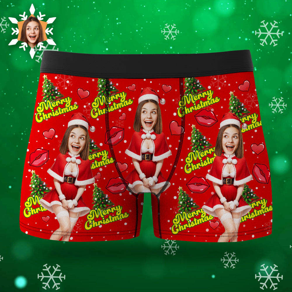 Custom Photo Boxer Santa Woman Face Underwear Couple Gifts Christmas Gift AR View - MyFaceBoxer
