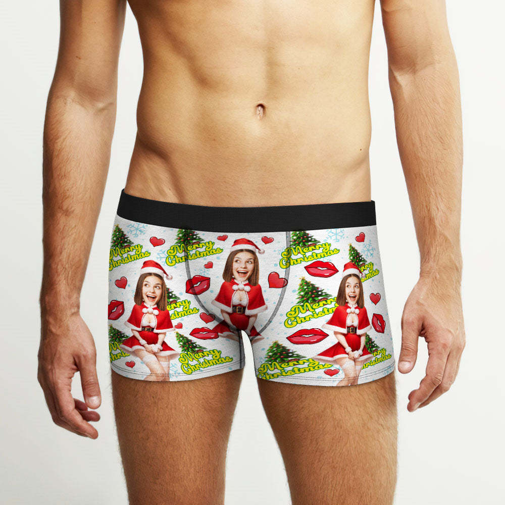 Custom Photo Boxer Santa Woman Face Underwear Couple Gifts Christmas Gift AR View - MyFaceBoxer