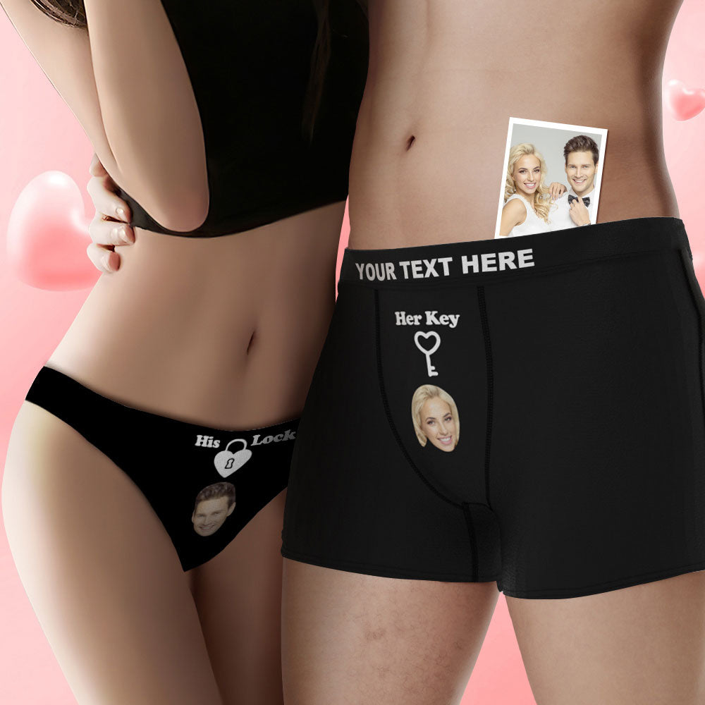 Custom Face Lock and Key Couple Underwear Personalized Underwear Valentine's Day Gift - MyFaceBoxer