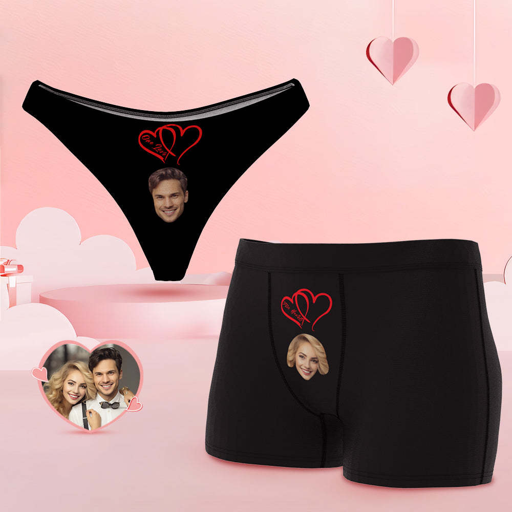 Custom Face Couple Underwear Two Hearts One Love Personalized Underwear Valentine's Day Gift - MyFaceBoxer