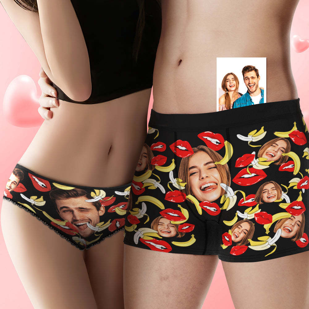 Custom Face Underwear Personalized Eat Banana Boxer Briefs and Panties Valentine's Day Gifts for Couple - MyFaceBoxer