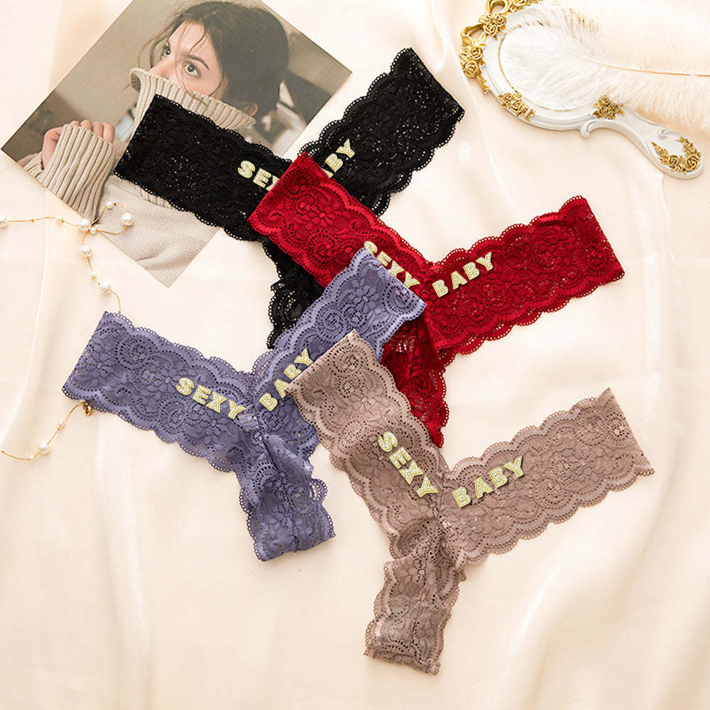 Custom Crystal Letter Thong Sexy Lace V-string Panties for Women - MyFaceBoxer