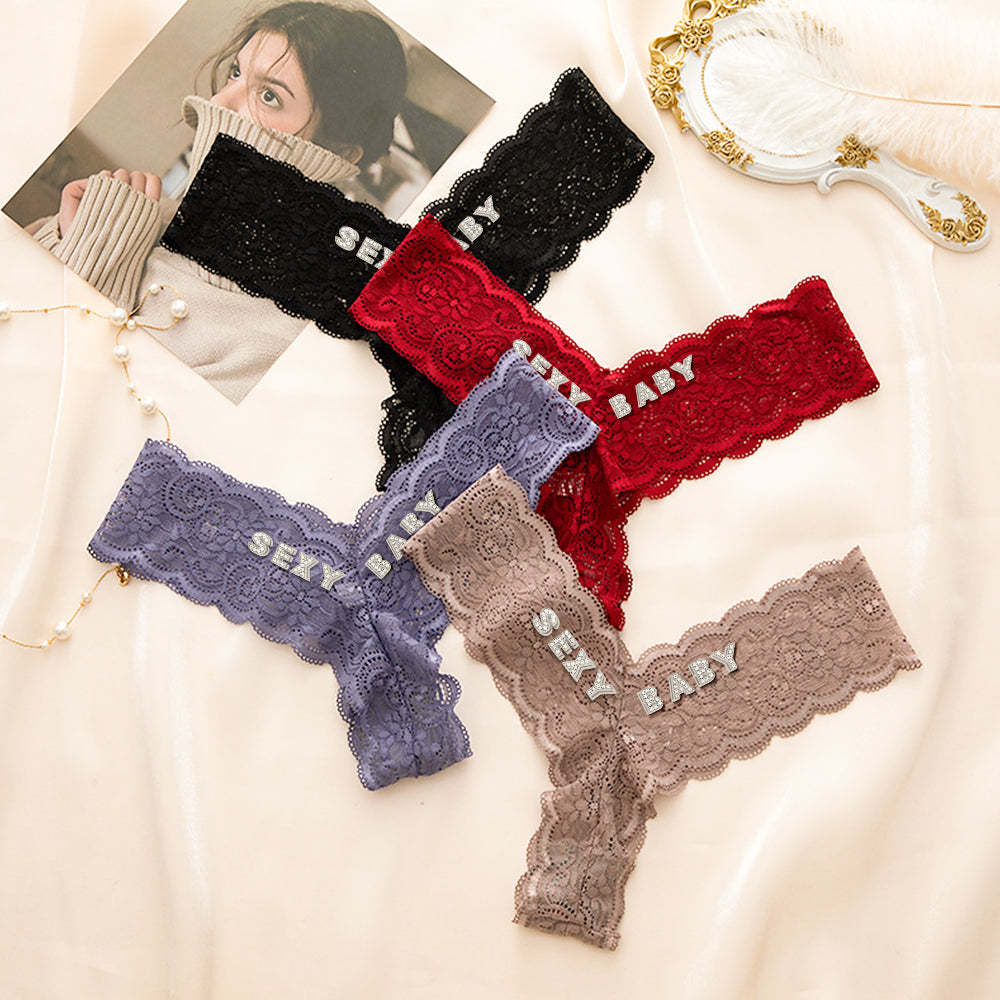 Custom Crystal Letter Thong Sexy Lace V-string Panties for Women - MyFaceBoxer