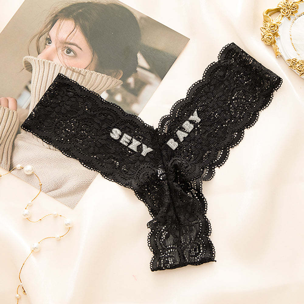 Custom Crystal Letter Thong Sexy Lace V-string Panties for Women - MyFaceBoxer