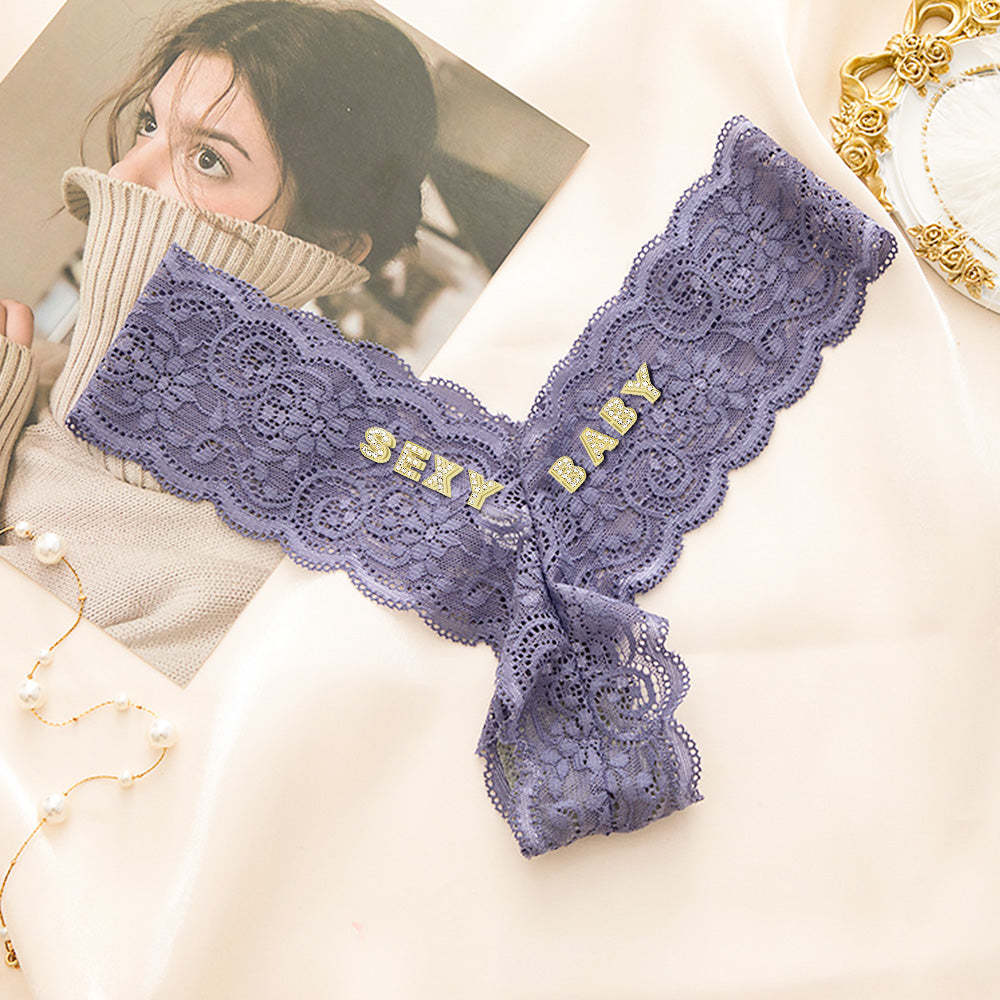 Custom Crystal Letter Thong Sexy Lace V-string Panties for Women - MyFaceBoxer