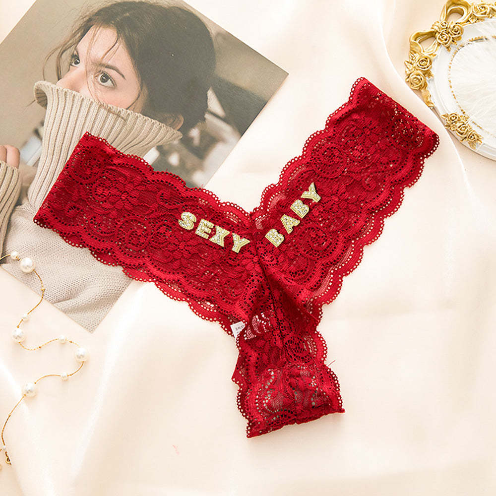 Custom Crystal Letter Thong Sexy Lace V-string Panties for Women - MyFaceBoxer