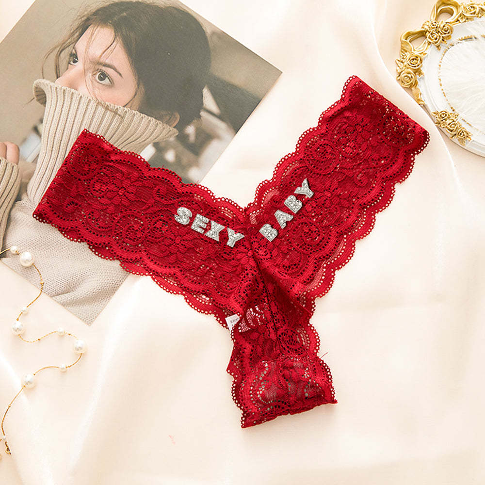Custom Crystal Letter Thong Sexy Lace V-string Panties for Women - MyFaceBoxer