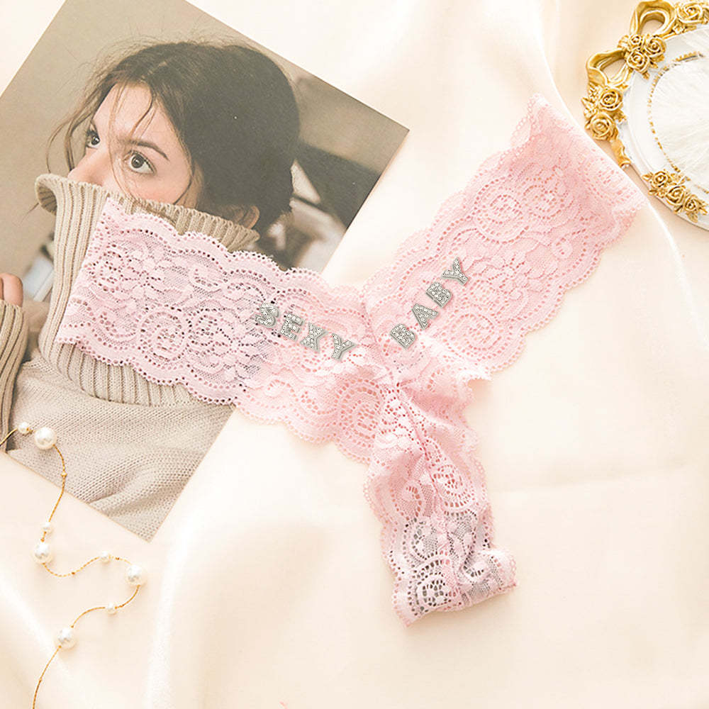 Custom Crystal Letter Thong Sexy Lace V-string Panties for Women - MyFaceBoxer