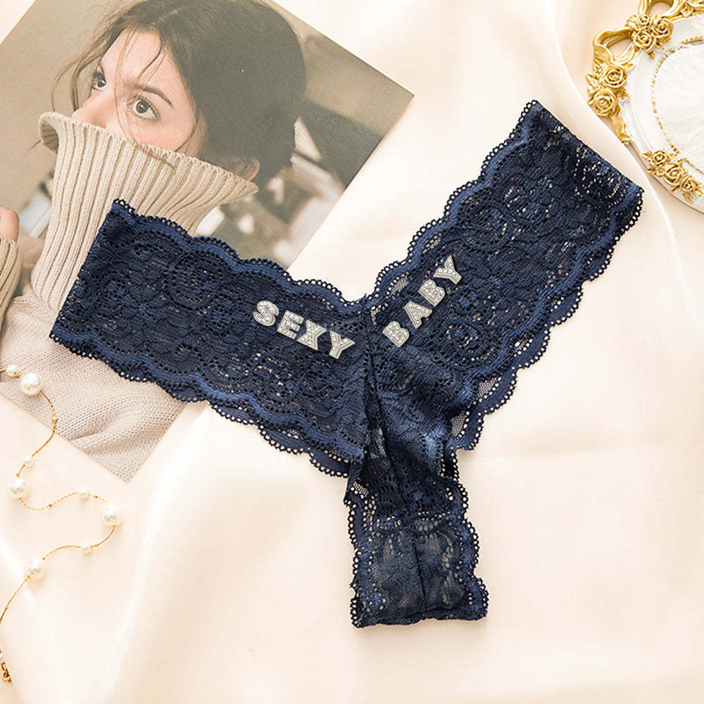 Custom Crystal Letter Thong Sexy Lace V-string Panties for Women - MyFaceBoxer