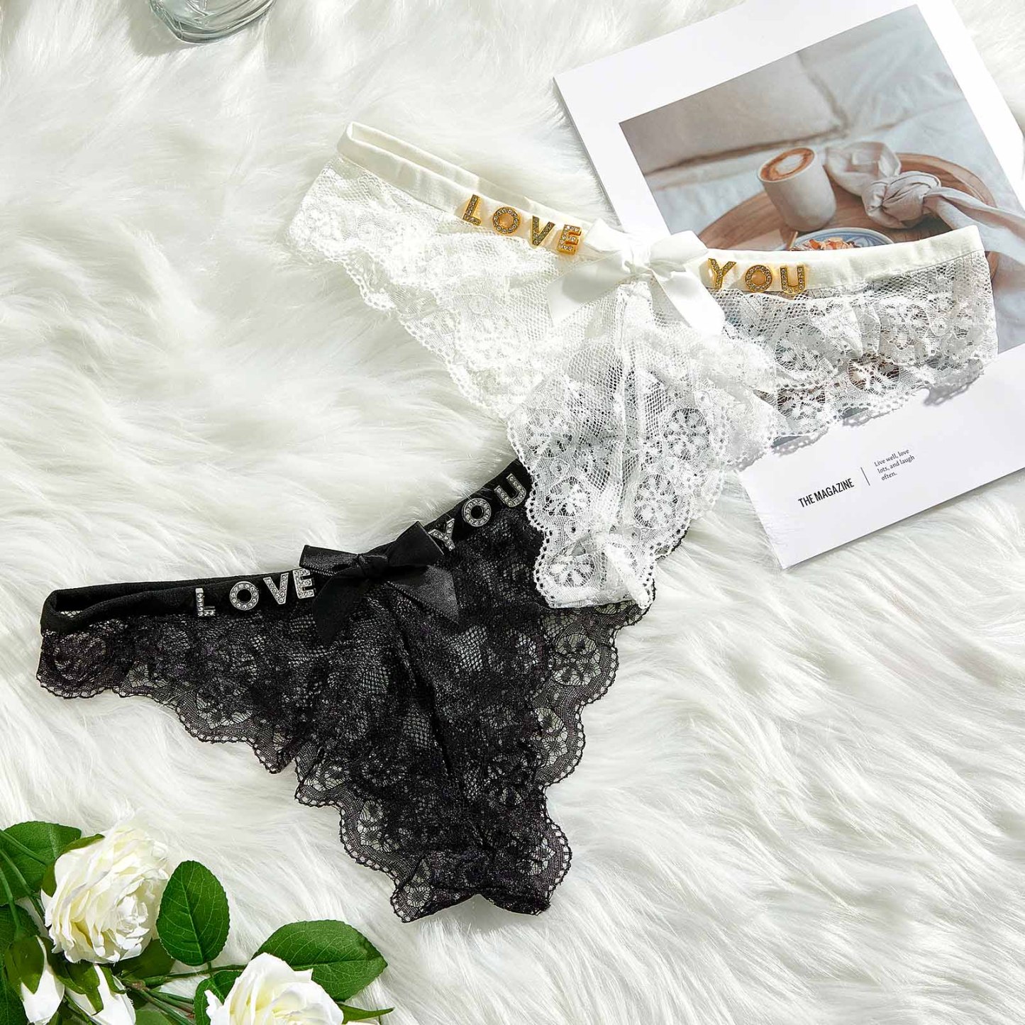 Custom Rhinestone Letter Thong Bow Tie Lace Sexy Low-Rise Seamless Thong - MyFaceBoxer