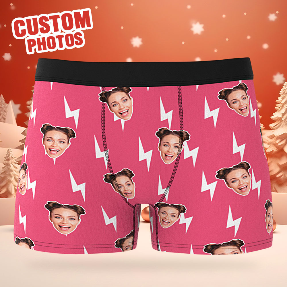 Custom Face Boxer Shorts Black and Pink Lightning Pattern Underwear Gifts For Him - MyFaceBoxer